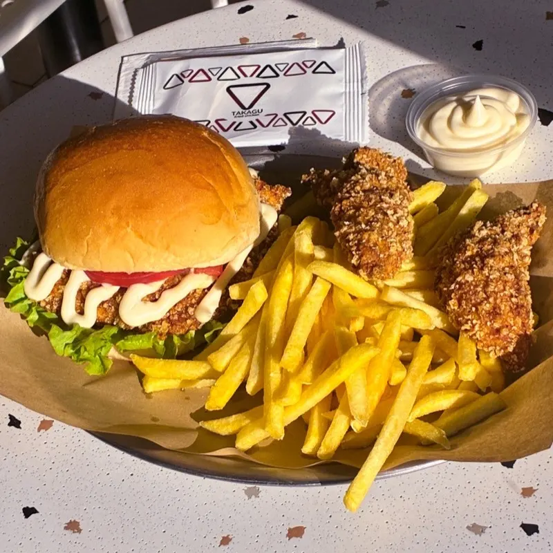 A Takagu Fried Chicken combo: burger, tenders and fries
